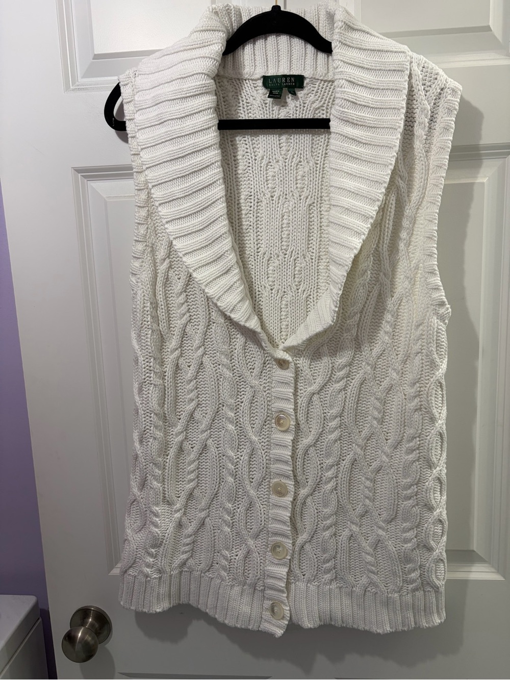 Ralph Lauren 100 % Cotton Luxurious White Cable-Knit Sleeveless Cardigan XL